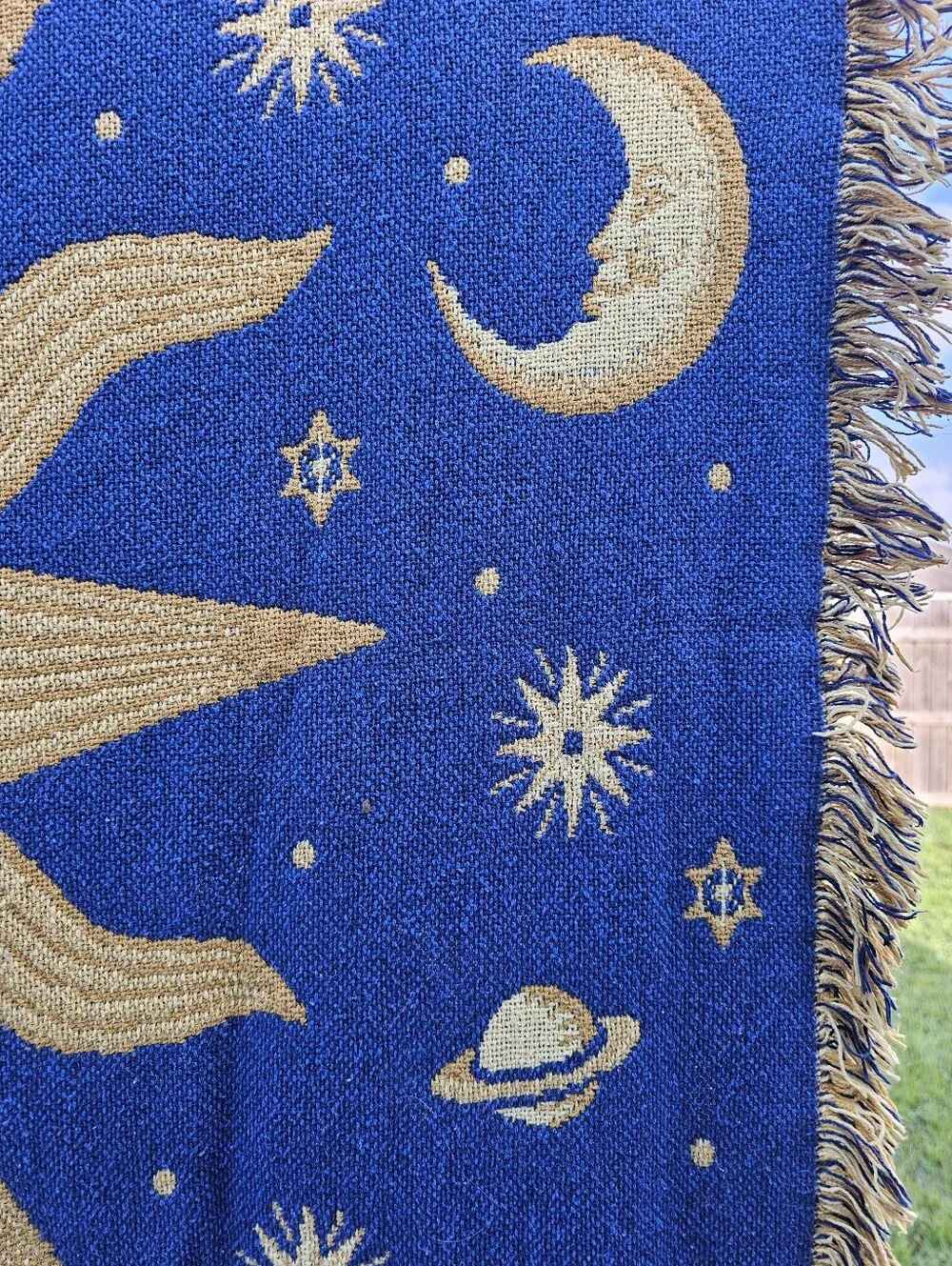 Vintage Sun & Stars Woven Tapestry Throw Blanket 90s Reversible
